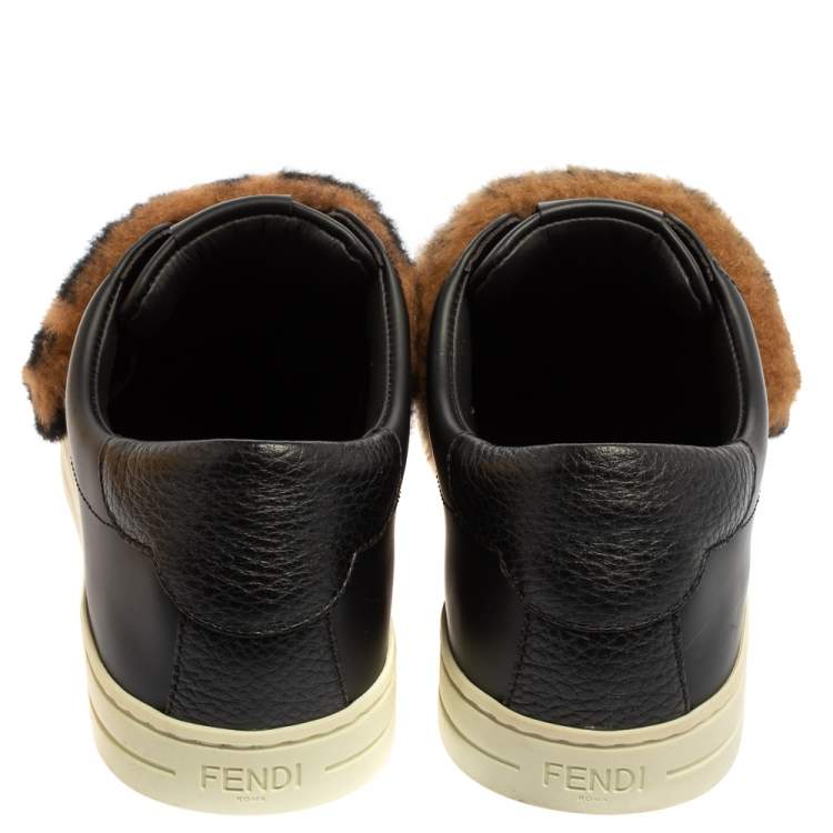 مملوكة مسبقًا Fendi Brown/Black Leather And FF Motif Fur Low Top Sneakers Size 38