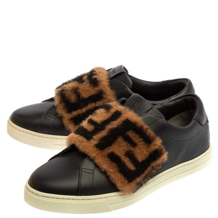مملوكة مسبقًا Fendi Brown/Black Leather And FF Motif Fur Low Top Sneakers Size 38