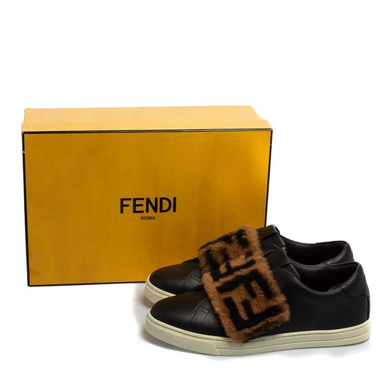 مملوكة مسبقًا Fendi Brown/Black Leather And FF Motif Fur Low Top Sneakers Size 38