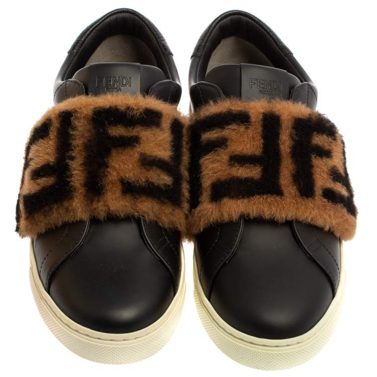 مملوكة مسبقًا Fendi Brown/Black Leather And FF Motif Fur Low Top Sneakers Size 38