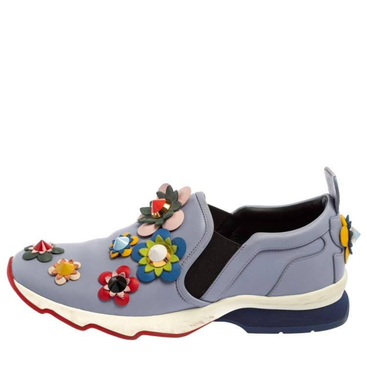 Pre Owned Fendi Blue Leather Flowerland Sneakers Size 40