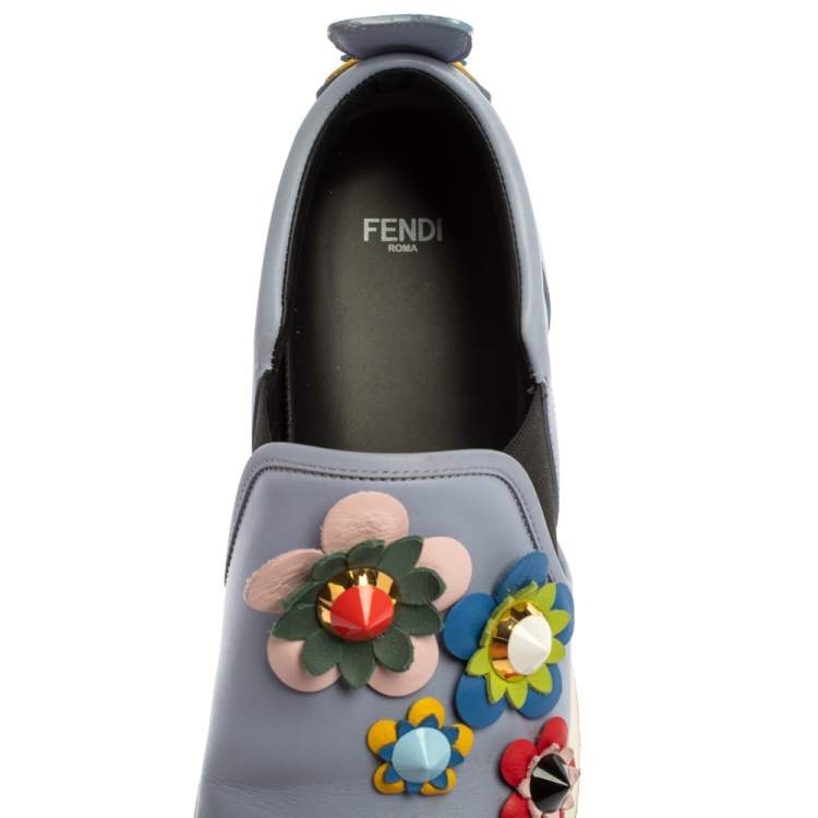 Pre Owned Fendi Blue Leather Flowerland Sneakers Size 40