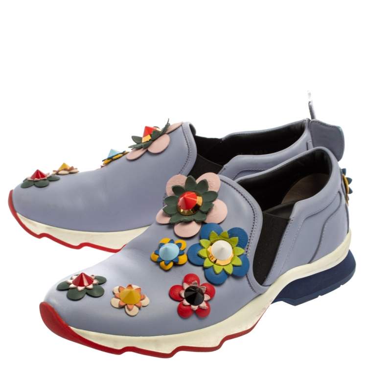 Pre Owned Fendi Blue Leather Flowerland Sneakers Size 40