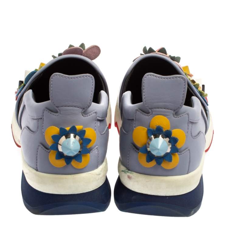 Pre Owned Fendi Blue Leather Flowerland Sneakers Size 40