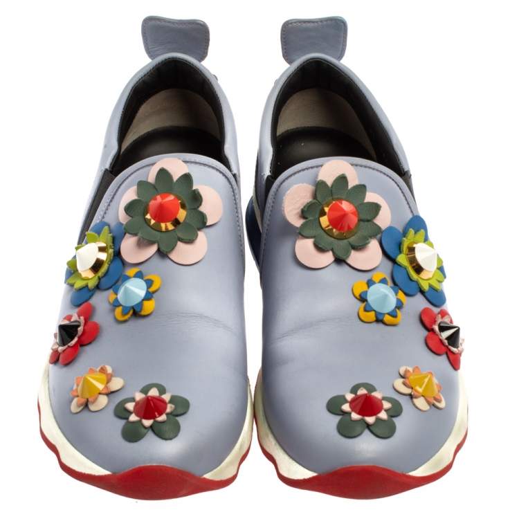Pre Owned Fendi Blue Leather Flowerland Sneakers Size 40
