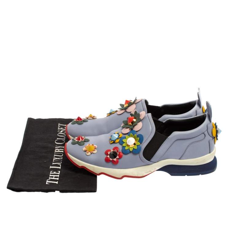 Pre Owned Fendi Blue Leather Flowerland Sneakers Size 40