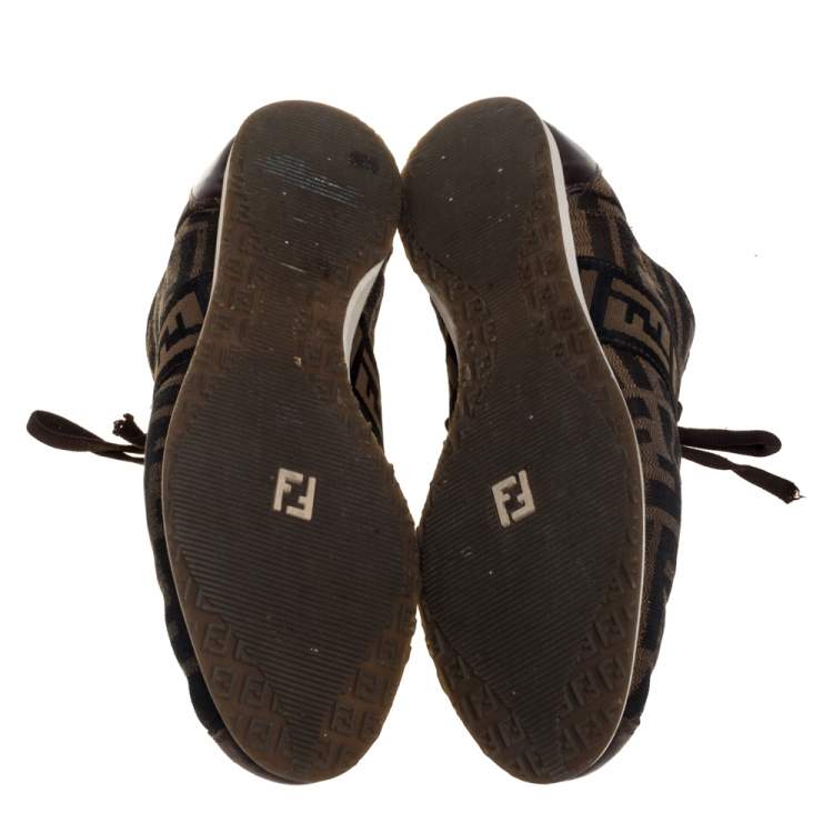 Pre Owned Fendi Tobacco Zucca Canvas and Leather Trim Low Top Sneakers Size 37.5