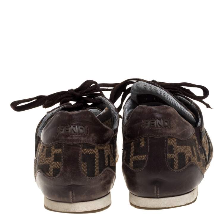 Pre Owned Fendi Tobacco Zucca Canvas and Leather Trim Low Top Sneakers Size 37.5