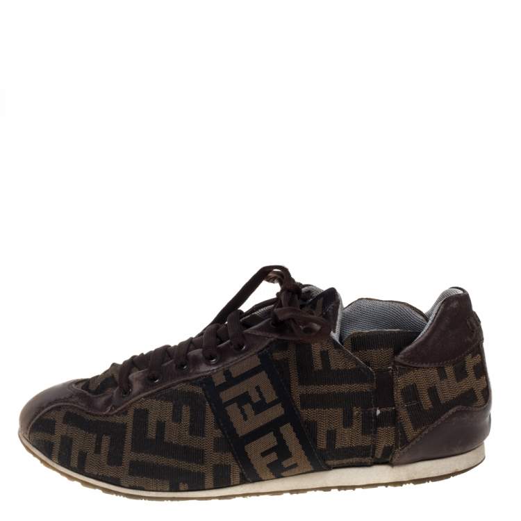 Pre Owned Fendi Tobacco Zucca Canvas and Leather Trim Low Top Sneakers Size 37.5