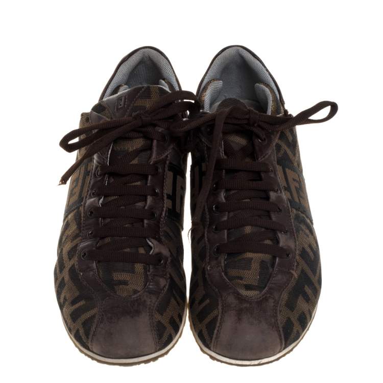 Pre Owned Fendi Tobacco Zucca Canvas and Leather Trim Low Top Sneakers Size 37.5