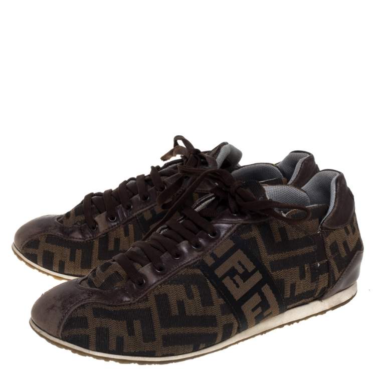 Pre Owned Fendi Tobacco Zucca Canvas and Leather Trim Low Top Sneakers Size 37.5