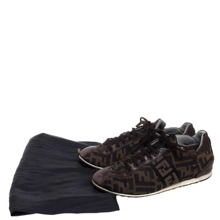 Pre Owned Fendi Tobacco Zucca Canvas and Leather Trim Low Top Sneakers Size 37.5