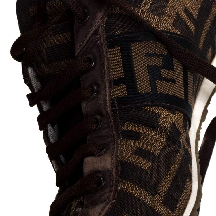 Pre Owned Fendi Tobacco Zucca Canvas and Leather Trim Low Top Sneakers Size 37.5