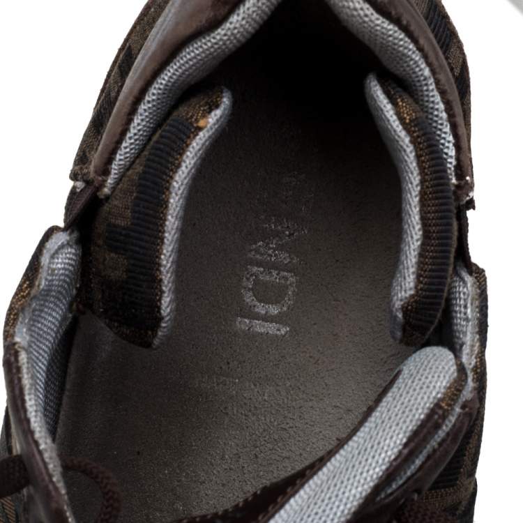 Pre Owned Fendi Tobacco Zucca Canvas and Leather Trim Low Top Sneakers Size 37.5