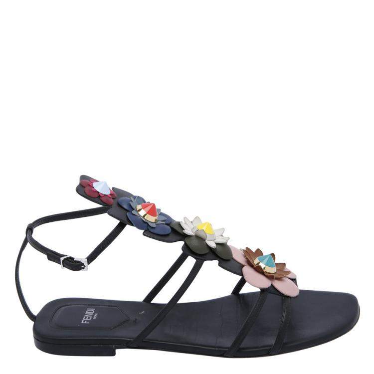 مملوكة مسبقًا Fendi Multicolor Floral Applique Flat Sandals Size EU 39