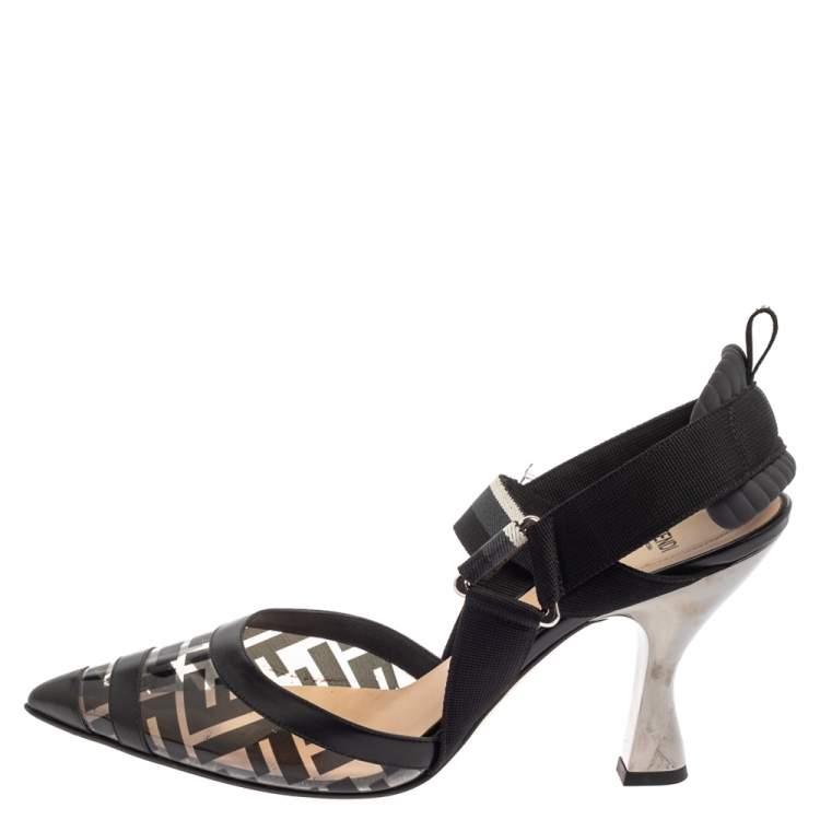 Pre Owned Fendi Black  Canvas  And PVC  Slingback Pumps Size 41