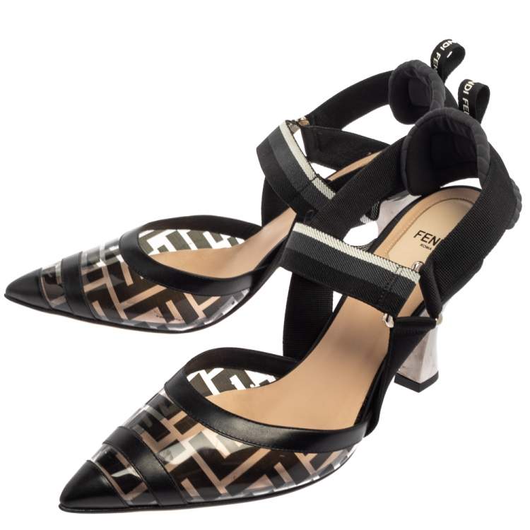 Pre Owned Fendi Black  Canvas  And PVC  Slingback Pumps Size 41