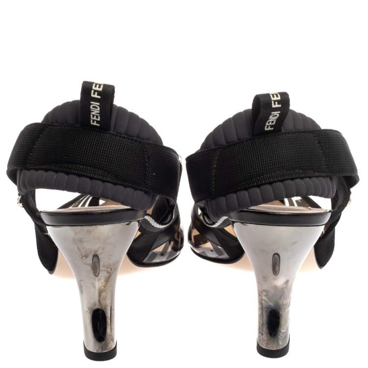 Pre Owned Fendi Black  Canvas  And PVC  Slingback Pumps Size 41