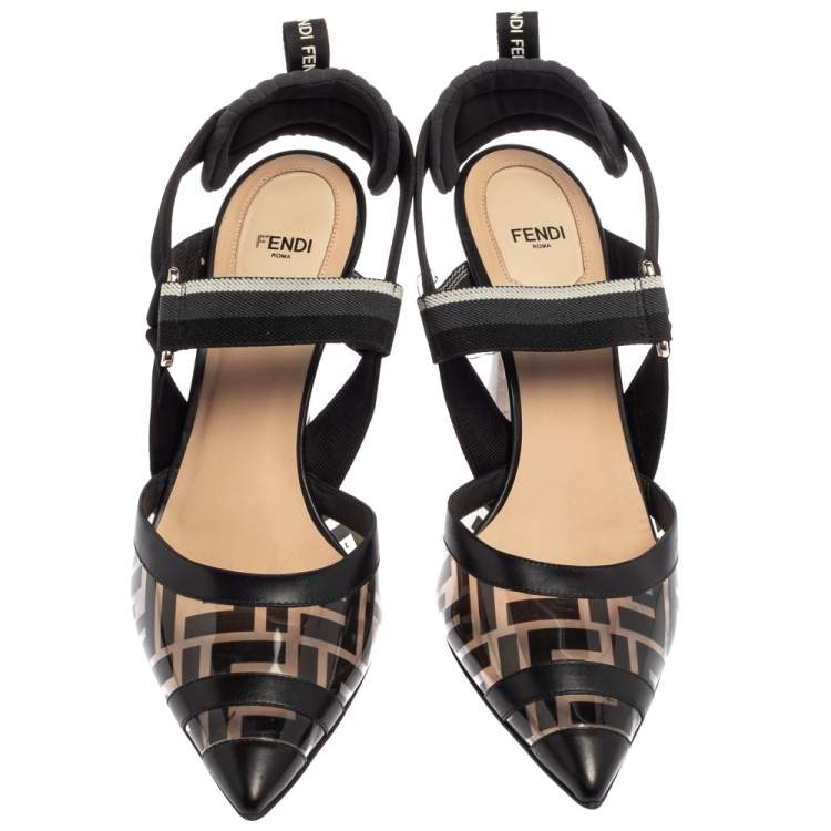 Pre Owned Fendi Black  Canvas  And PVC  Slingback Pumps Size 41