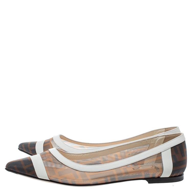 Pre Owned Fendi Brown/White Zucca Mesh And Leather Colibri Ballet Flats Size 38