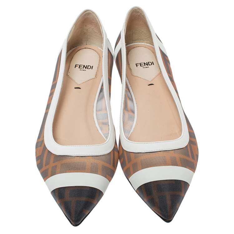Pre Owned Fendi Brown/White Zucca Mesh And Leather Colibri Ballet Flats Size 38