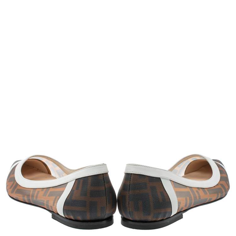 Pre Owned Fendi Brown/White Zucca Mesh And Leather Colibri Ballet Flats Size 38