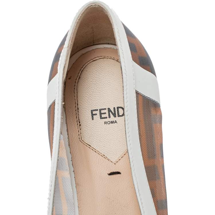 Pre Owned Fendi Brown/White Zucca Mesh And Leather Colibri Ballet Flats Size 38