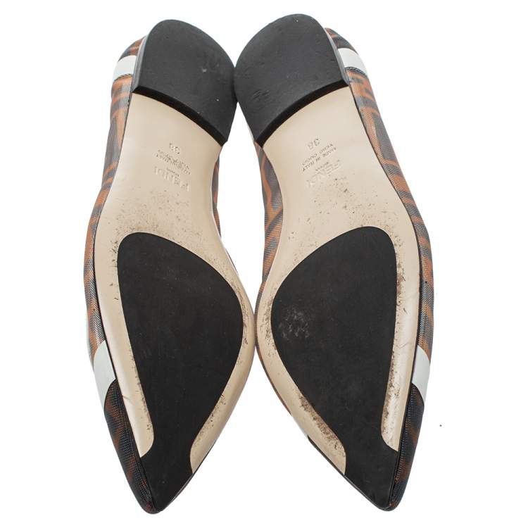 Pre Owned Fendi Brown/White Zucca Mesh And Leather Colibri Ballet Flats Size 38