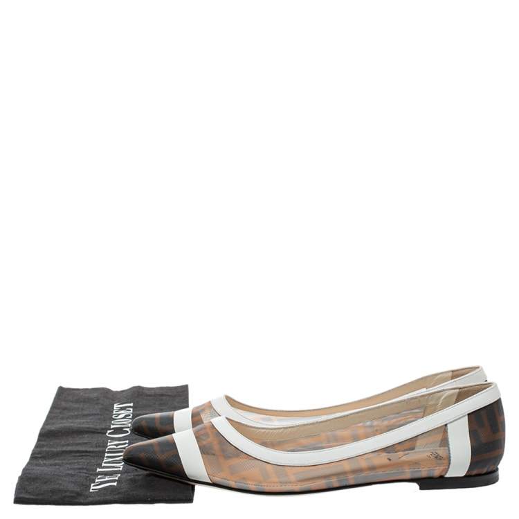 Pre Owned Fendi Brown/White Zucca Mesh And Leather Colibri Ballet Flats Size 38