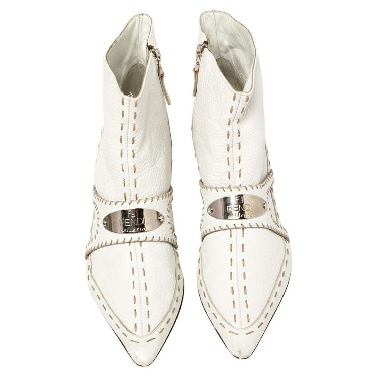 Pre Owned Fendi White Leather  Zipper Detail Pointed Toe  Boots Size 39