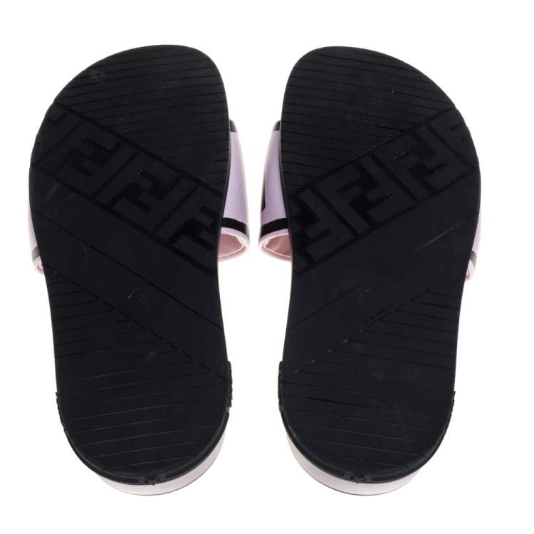 Pre Owned Fendi Pink/Black Logo Print Leather Flat Slides Size 39