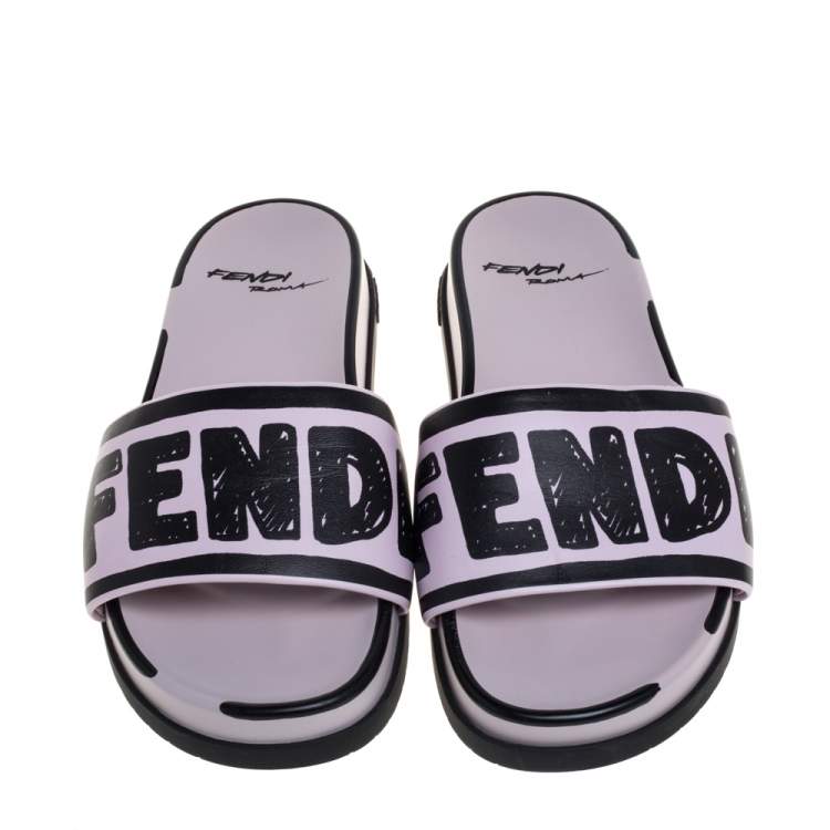 Pre Owned Fendi Pink/Black Logo Print Leather Flat Slides Size 39
