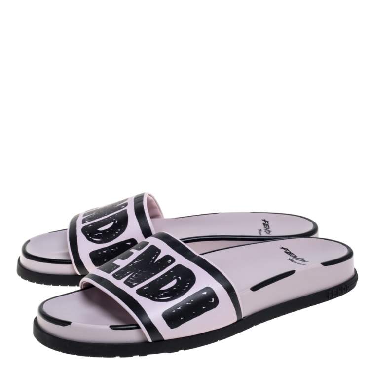 Pre Owned Fendi Pink/Black Logo Print Leather Flat Slides Size 39