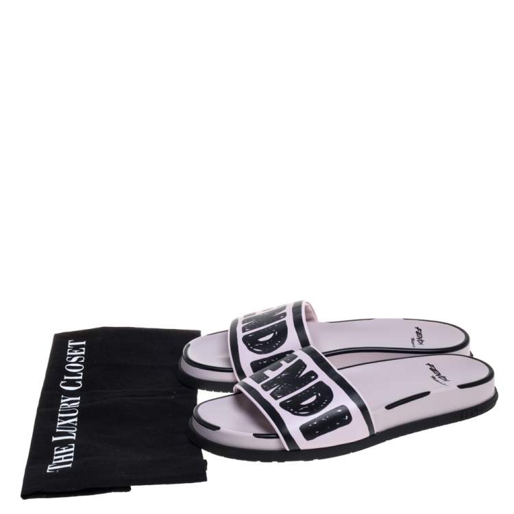 Pre Owned Fendi Pink/Black Logo Print Leather Flat Slides Size 39
