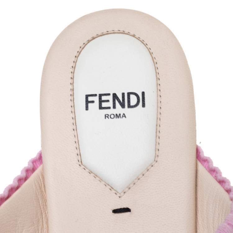 مملوكة مسبقًا Fendi Beige Knit Fabric with Contrast Bow Cross Strap Open Toe Flat Slides Size 38