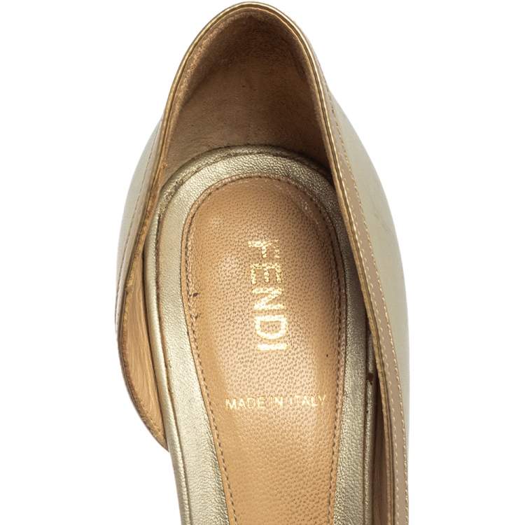 Pre Owned Fendi Metallic Silver Leather Bow Peep Toe Pumps Size 38.5