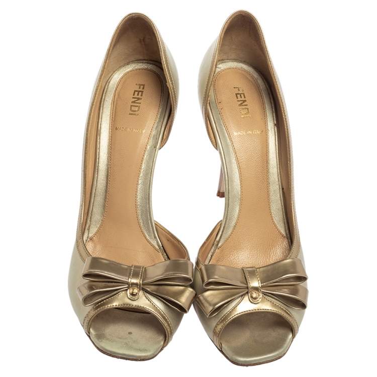 Pre Owned Fendi Metallic Silver Leather Bow Peep Toe Pumps Size 38.5