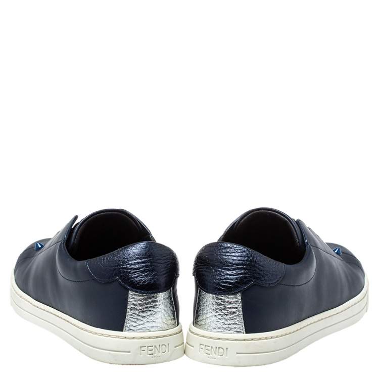 مملوكة مسبقًا Fendi Navy Blue Leather Logo Knit Rockoko Scallop Detail Slip On Sneakers Size 37