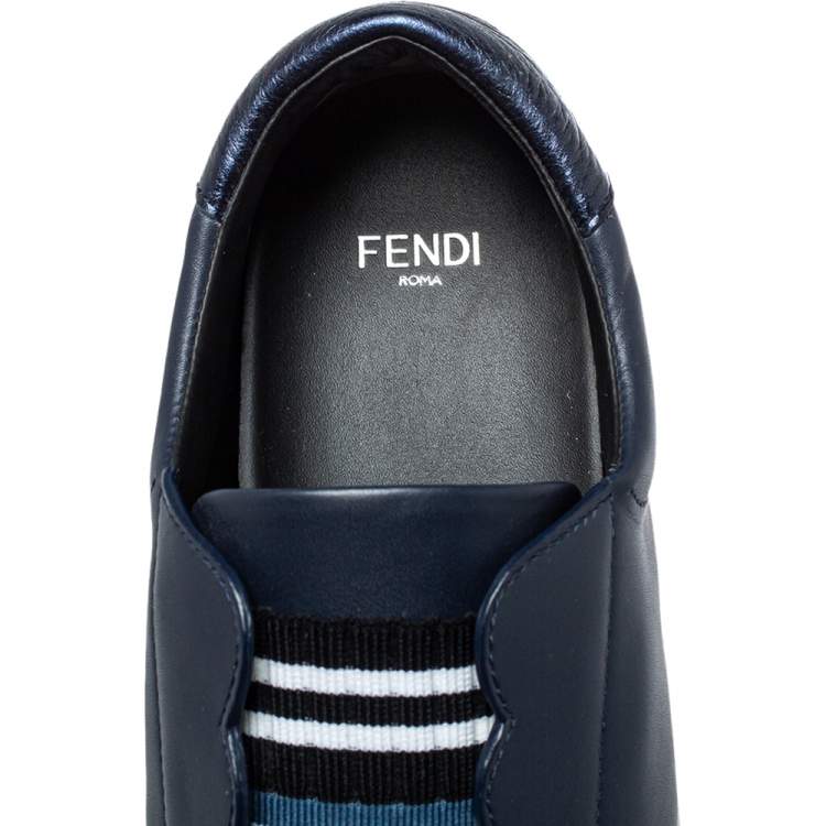 مملوكة مسبقًا Fendi Navy Blue Leather Logo Knit Rockoko Scallop Detail Slip On Sneakers Size 37