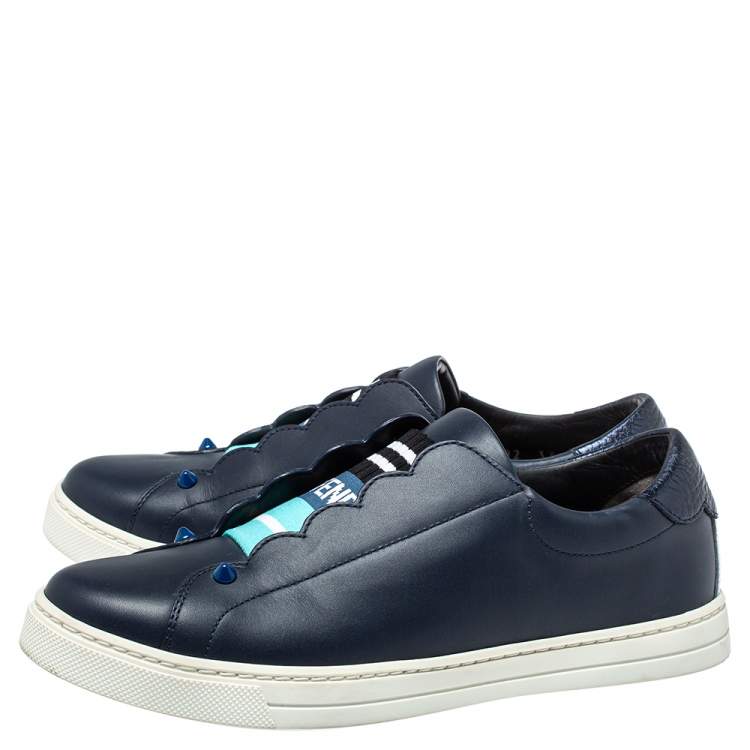 مملوكة مسبقًا Fendi Navy Blue Leather Logo Knit Rockoko Scallop Detail Slip On Sneakers Size 37