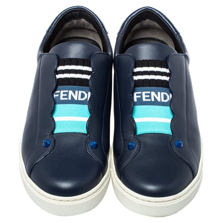 مملوكة مسبقًا Fendi Navy Blue Leather Logo Knit Rockoko Scallop Detail Slip On Sneakers Size 37