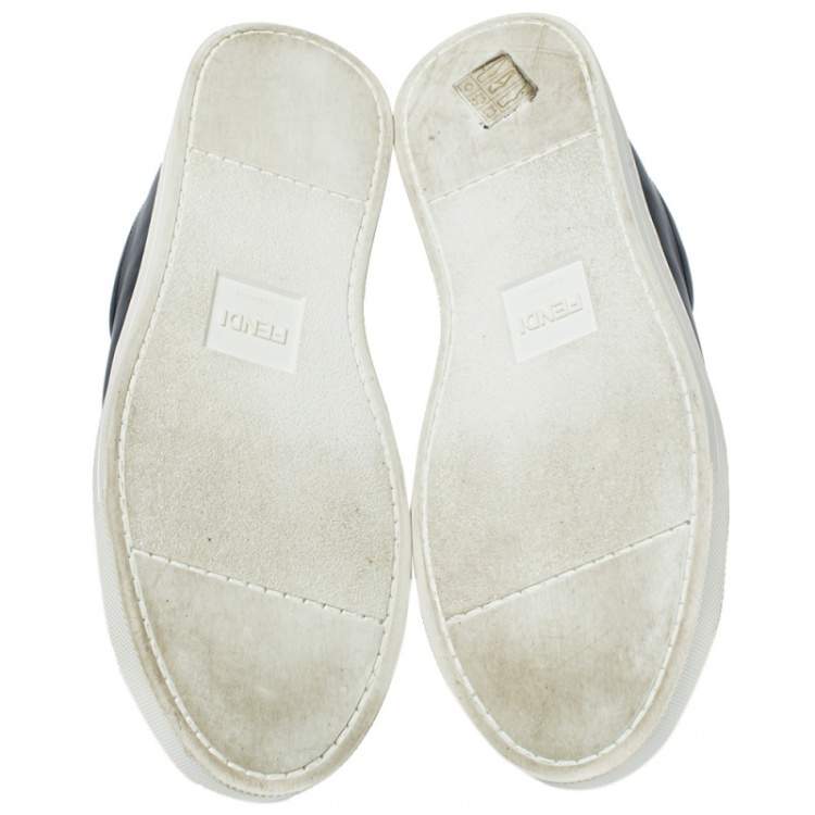 مملوكة مسبقًا Fendi Navy Blue Leather Logo Knit Rockoko Scallop Detail Slip On Sneakers Size 37