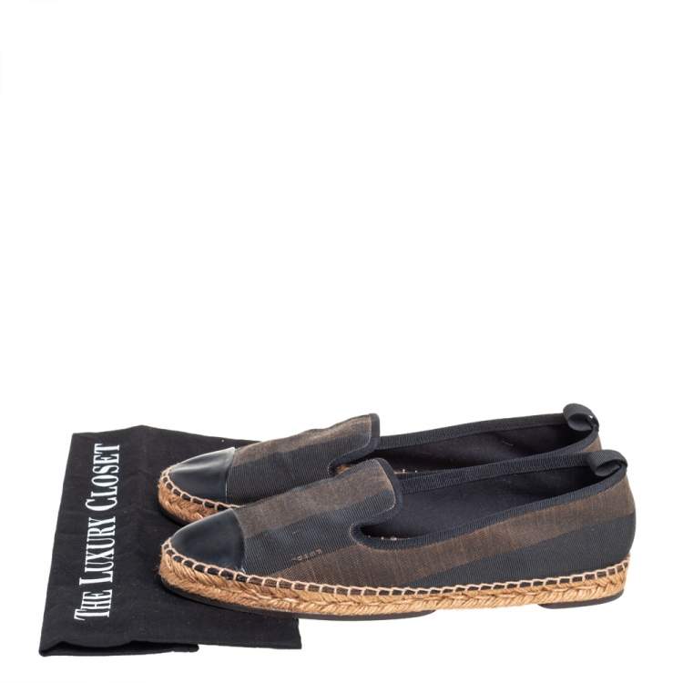 Pre Owned Fendi Black/Brown Canvas and Leather Cap Toe Espadrilles Flats 41