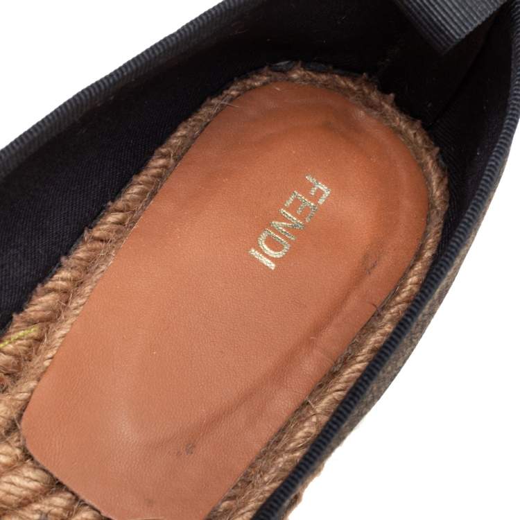 Pre Owned Fendi Black/Brown Canvas and Leather Cap Toe Espadrilles Flats 41