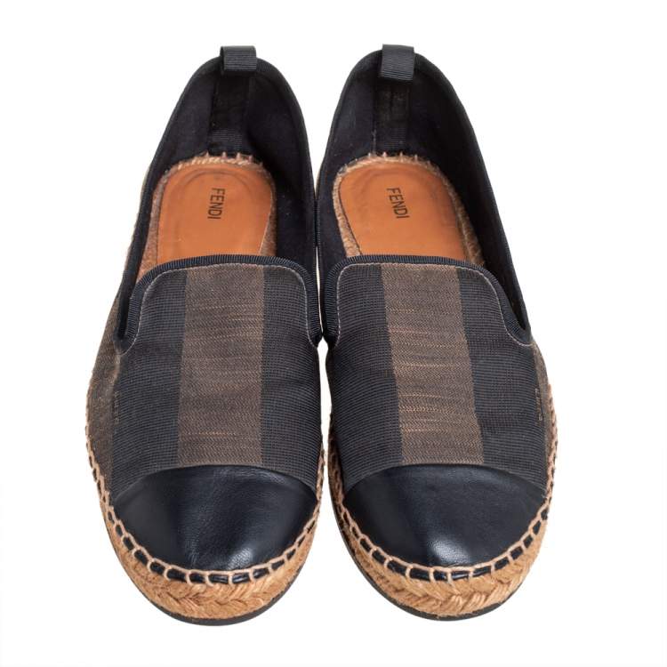 Pre Owned Fendi Black/Brown Canvas and Leather Cap Toe Espadrilles Flats 41