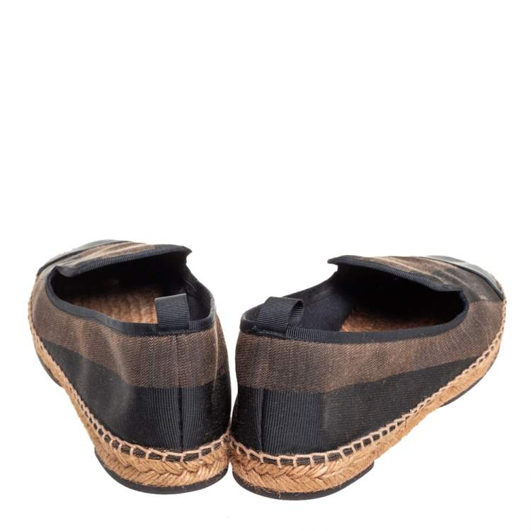 Pre Owned Fendi Black/Brown Canvas and Leather Cap Toe Espadrilles Flats 41