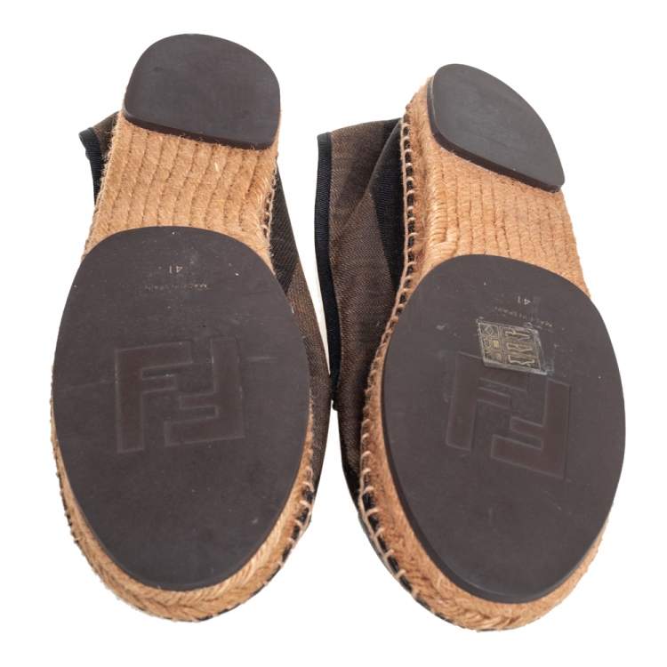 Pre Owned Fendi Black/Brown Canvas and Leather Cap Toe Espadrilles Flats 41