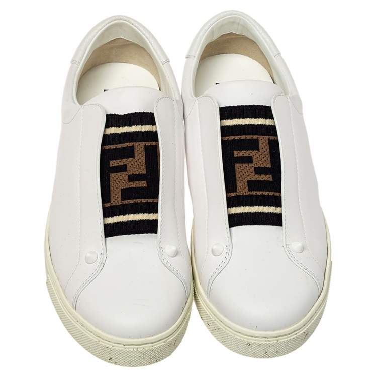 Pre Owned Fendi White Leather And Logo Knit Rockoko Slip On Sneakers Size 37.5