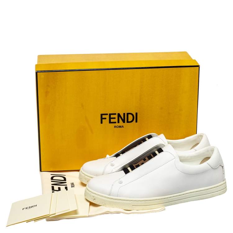 Pre Owned Fendi White Leather And Logo Knit Rockoko Slip On Sneakers Size 37.5