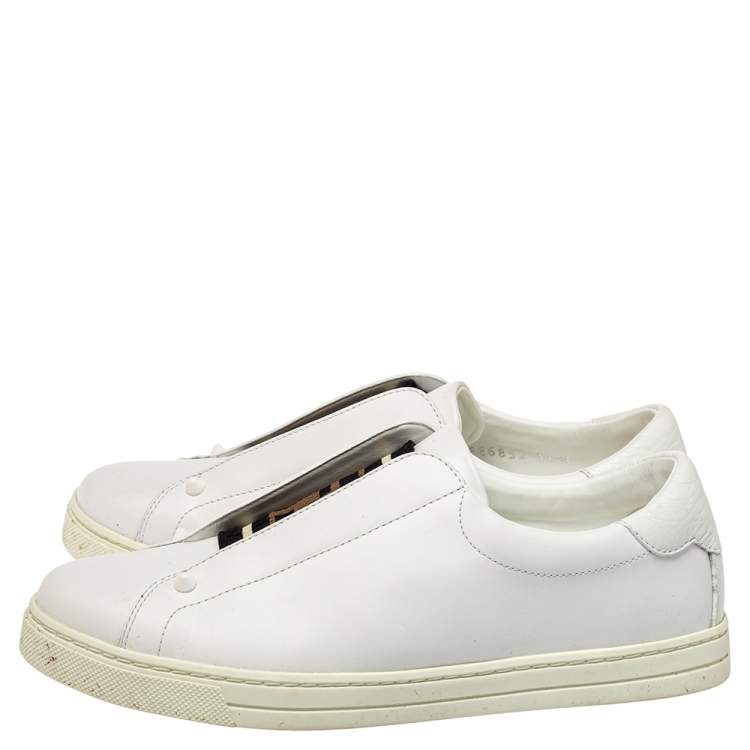 Pre Owned Fendi White Leather And Logo Knit Rockoko Slip On Sneakers Size 37.5